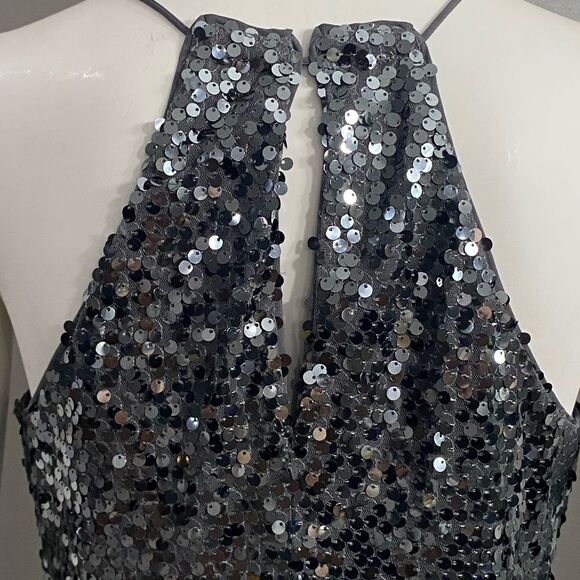 Express Silver Sequin Spaghetti Strap Razor Back Flowy dress. Size S/P - Picture 6 of 9